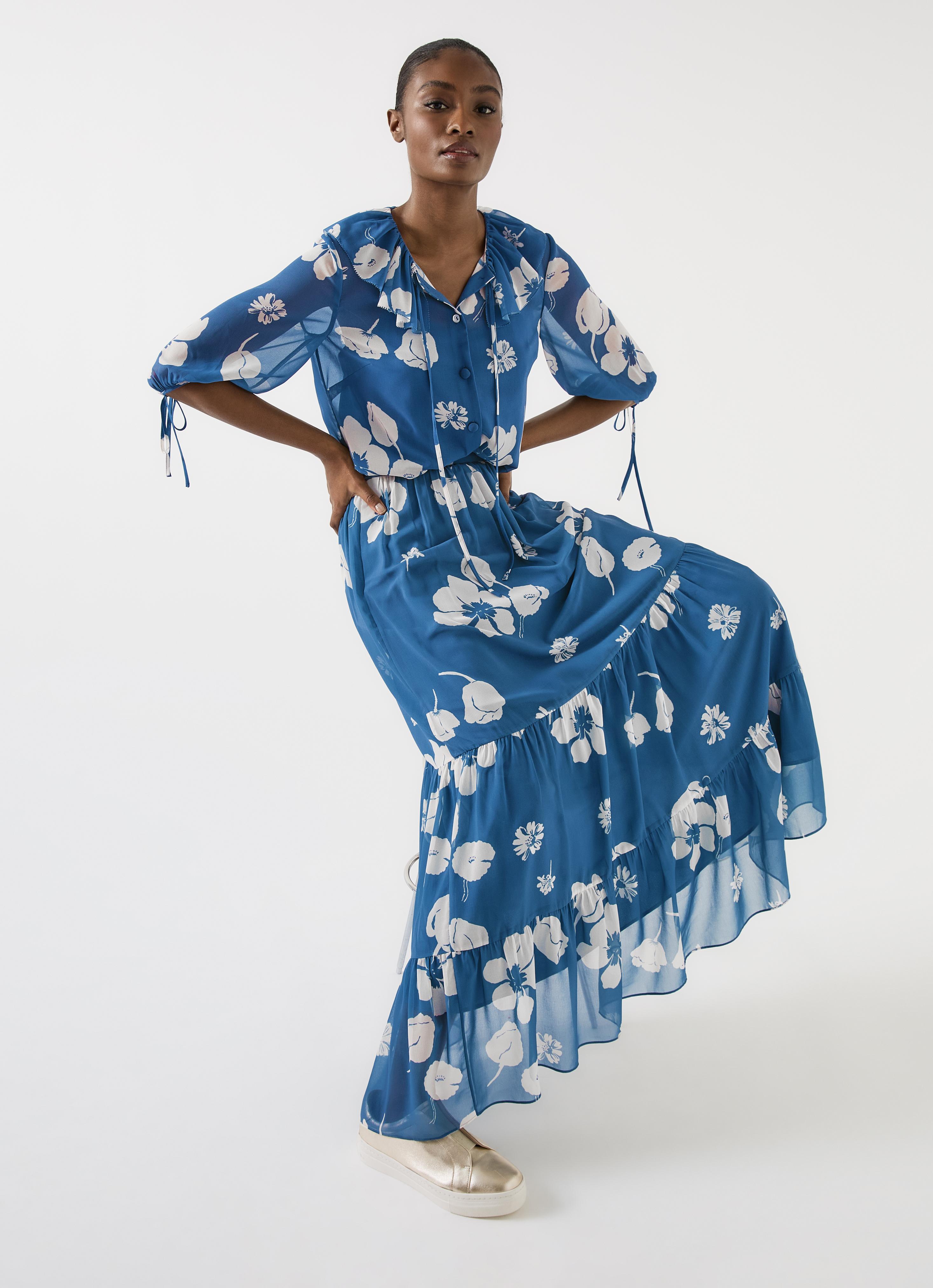 Rumi China Blue & Birch Georgette Block Print Maxi Skirt